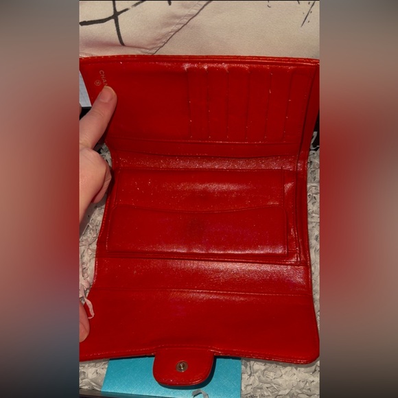 EUC Chanel Red Perforated Leather Snap Closure Trifold Wallet Custom Shimmer - Picture 7 of 16
